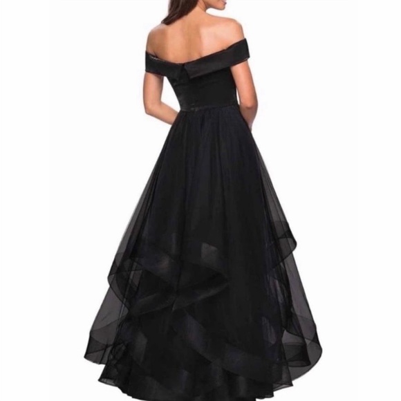 LA FEMME OFF THE SHOULDER BLACK EVENING TULLE GOWN, SIZE 14 - Picture 2 of 7